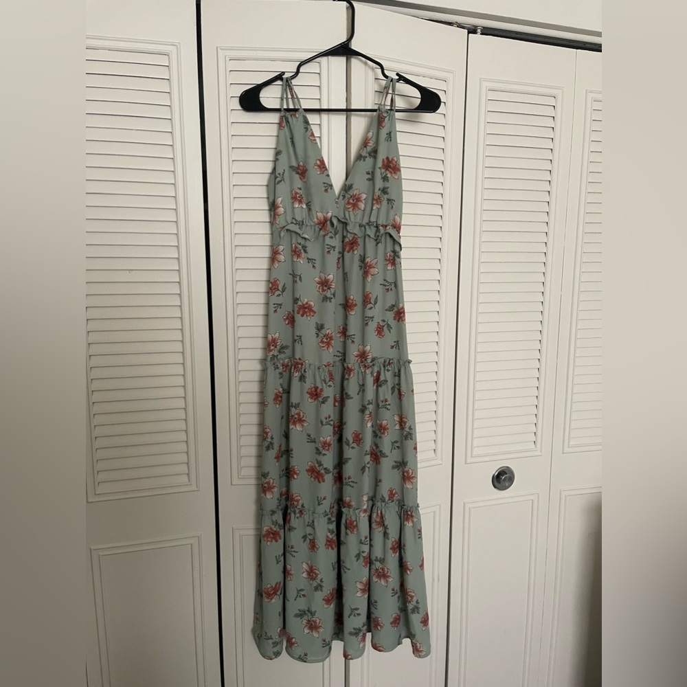 Soft green floral maxi dress/spaghetti straps, low V cut, size S